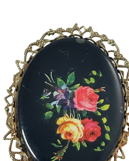 Vintage Black glass painted fancy flowers cameo brooch