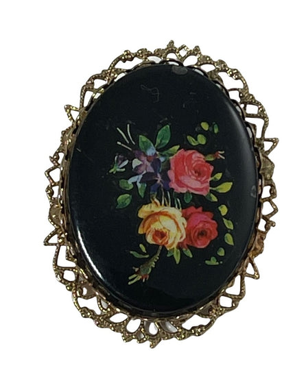 Vintage Black glass painted fancy flowers cameo brooch