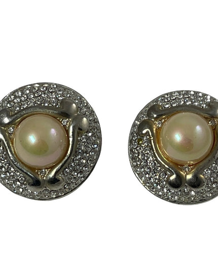 Vintage Faux pearl chunky rhinestone fancy party earrings wedding clip ons