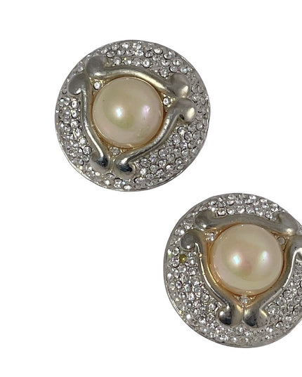 Vintage Faux pearl chunky rhinestone fancy party earrings wedding clip ons