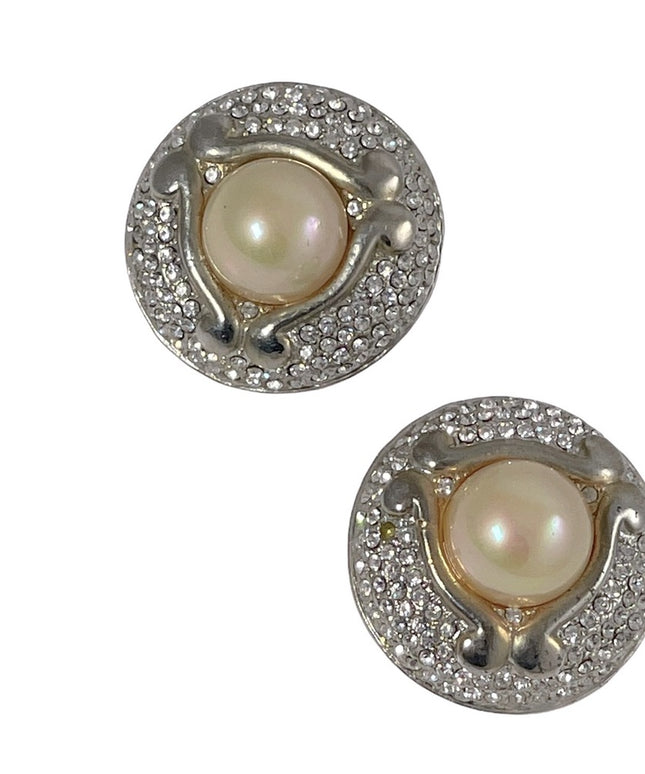 Vintage Faux pearl chunky rhinestone fancy party earrings wedding clip ons