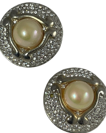 Vintage Faux pearl chunky rhinestone fancy party earrings wedding clip ons