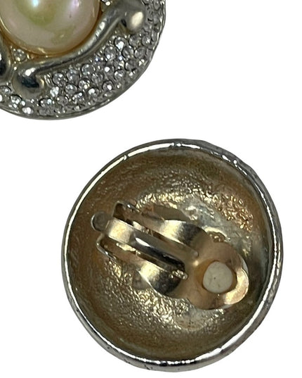Vintage Faux pearl chunky rhinestone fancy party earrings wedding clip ons