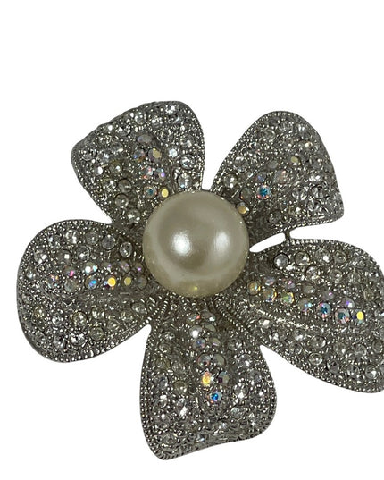 Silver rhinestone fancy sparkle large faux pearl flower brooch