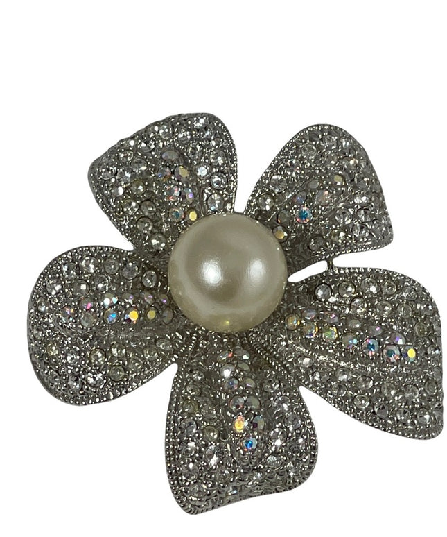 Silver rhinestone fancy sparkle large faux pearl flower brooch