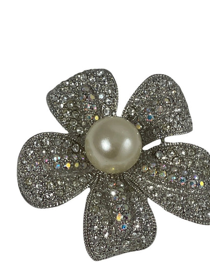 Silver rhinestone fancy sparkle large faux pearl flower brooch