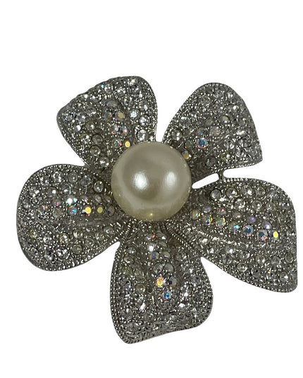 Silver rhinestone fancy sparkle large faux pearl flower brooch