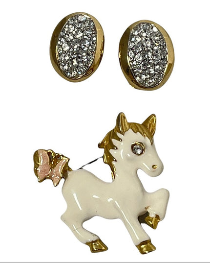 Vintage enameled horse brooch with rhinestone clip on earrings gold finish