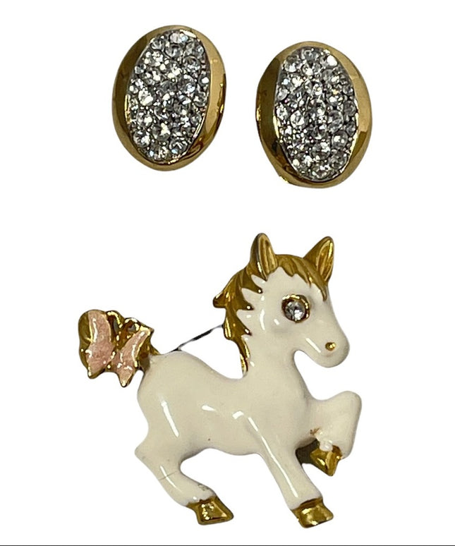 Vintage enameled horse brooch with rhinestone clip on earrings gold finish