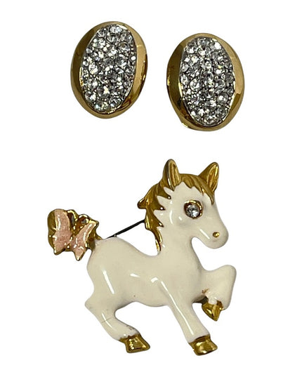Vintage enameled horse brooch with rhinestone clip on earrings gold finish