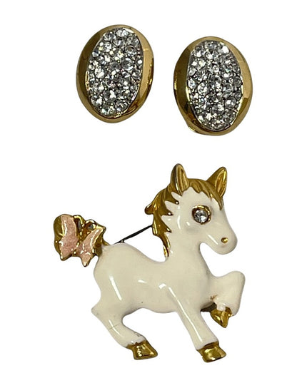Vintage enameled horse brooch with rhinestone clip on earrings gold finish