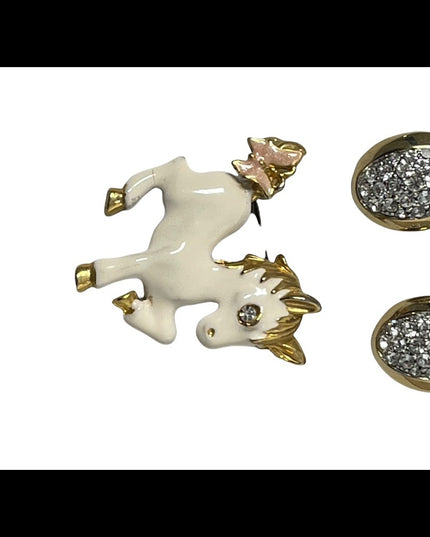 Vintage enameled horse brooch with rhinestone clip on earrings gold finish
