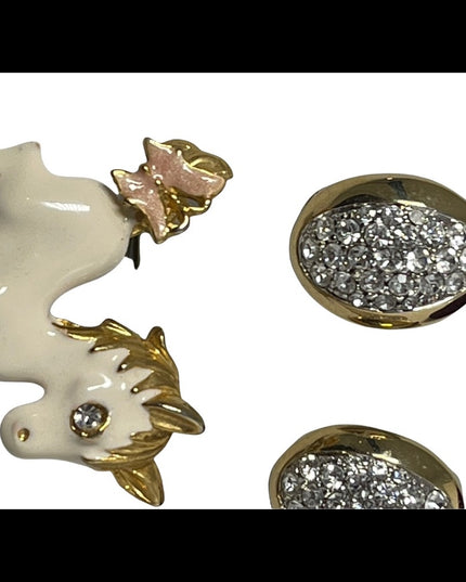 Vintage enameled horse brooch with rhinestone clip on earrings gold finish