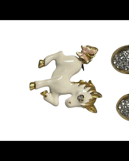 Vintage enameled horse brooch with rhinestone clip on earrings gold finish
