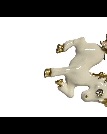 Vintage enameled horse brooch with rhinestone clip on earrings gold finish