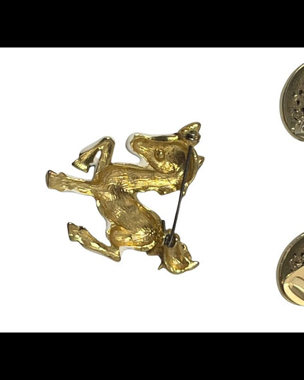 Vintage enameled horse brooch with rhinestone clip on earrings gold finish