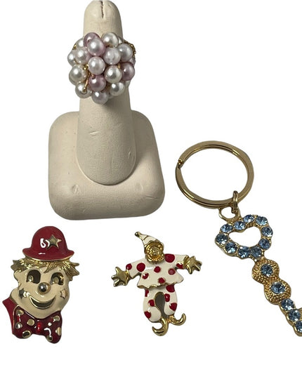 VINTAGE JEWELRY LOT enameled clowns key chain pearl ring crystals cute!