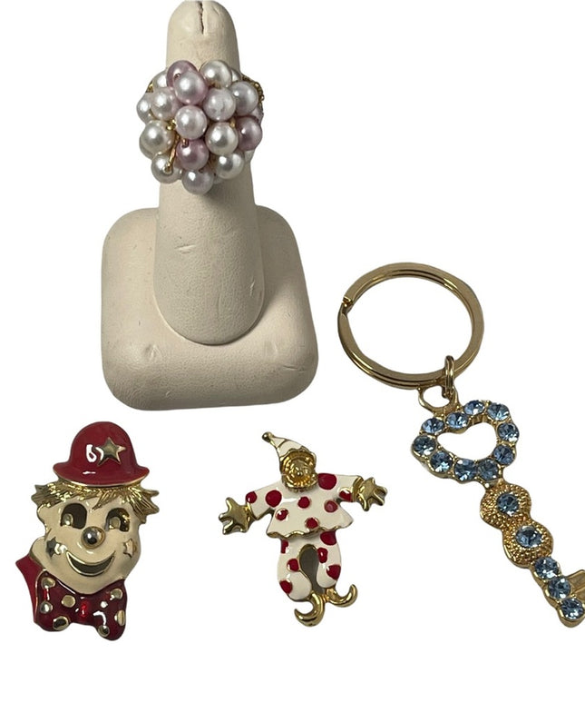 VINTAGE JEWELRY LOT enameled clowns key chain pearl ring crystals cute!