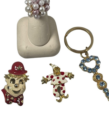 VINTAGE JEWELRY LOT enameled clowns key chain pearl ring crystals cute!