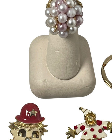 VINTAGE JEWELRY LOT enameled clowns key chain pearl ring crystals cute!