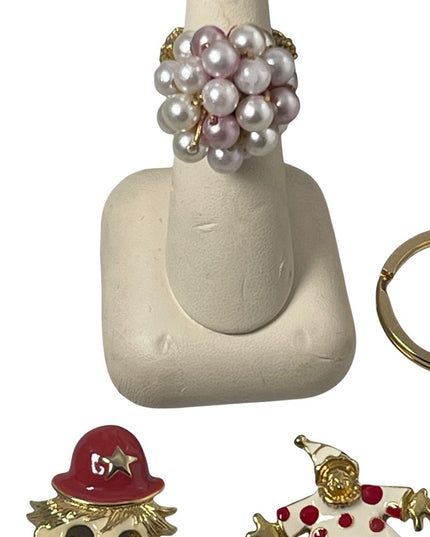 VINTAGE JEWELRY LOT enameled clowns key chain pearl ring crystals cute!