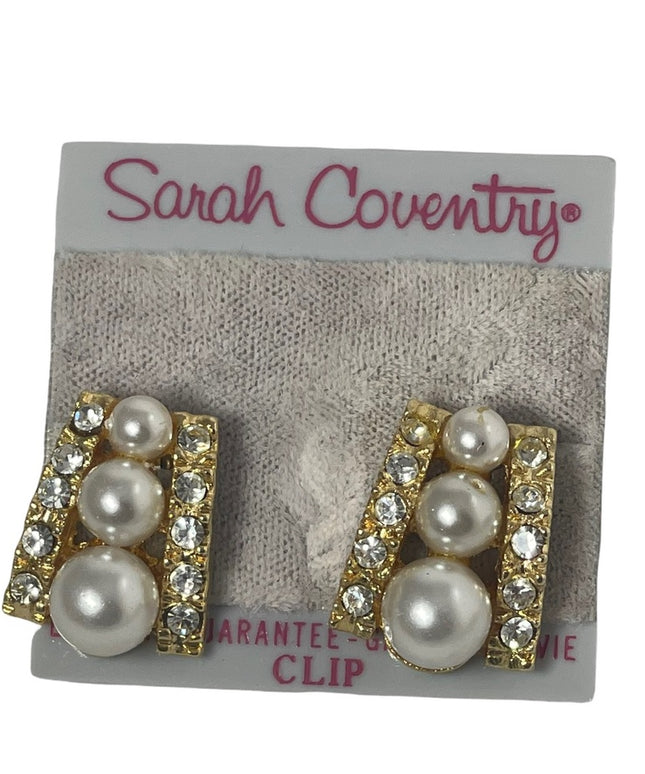 Fancy 1980s Chunky gold rhinestone pearls Sarah Coventry pierced earrings