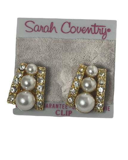 Fancy 1980s Chunky gold rhinestone pearls Sarah Coventry pierced earrings