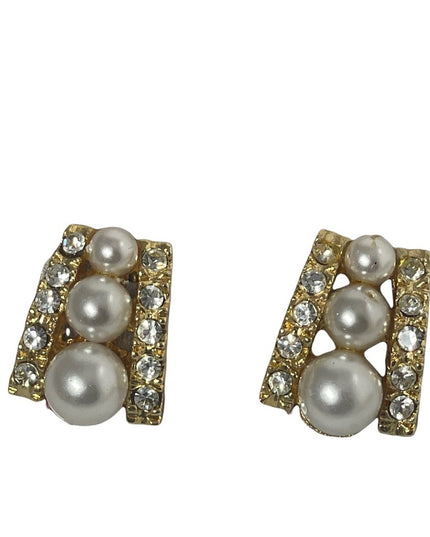 Fancy 1980s Chunky gold rhinestone pearls Sarah Coventry pierced earrings
