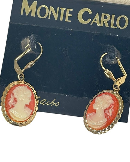 Vintage 1980s Monte Carlo earrings by Garbo Cameo dangle gold finish