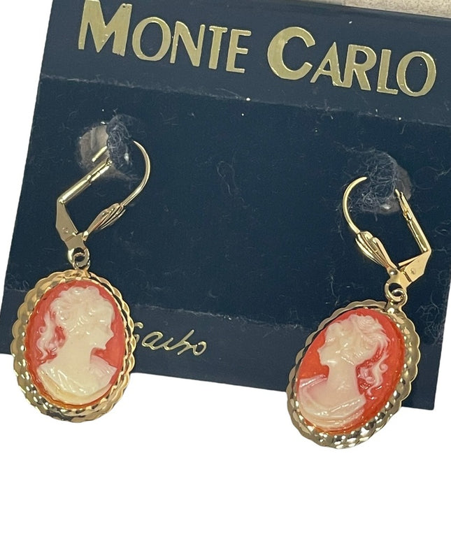 Vintage 1980s Monte Carlo earrings by Garbo Cameo dangle gold finish