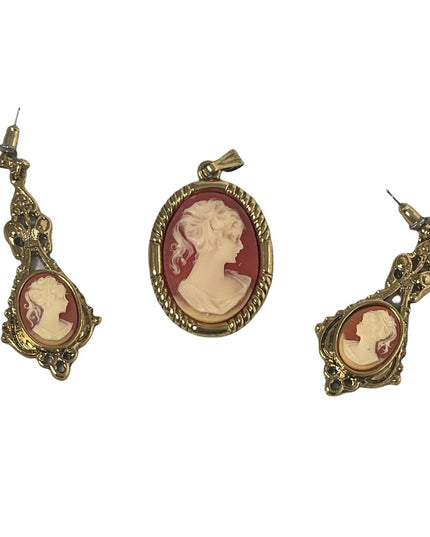 Cameo set  Dangle earrings pendant gold finish