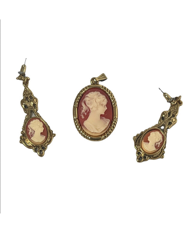 Cameo set  Dangle earrings pendant gold finish