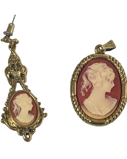 Cameo set  Dangle earrings pendant gold finish