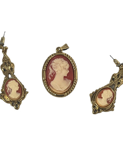 Cameo set  Dangle earrings pendant gold finish