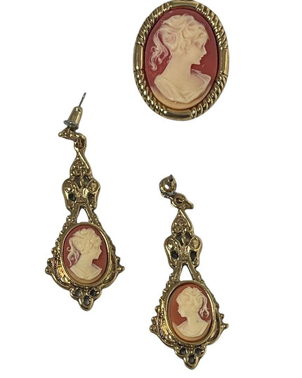 Cameo set  Dangle earrings pendant gold finish