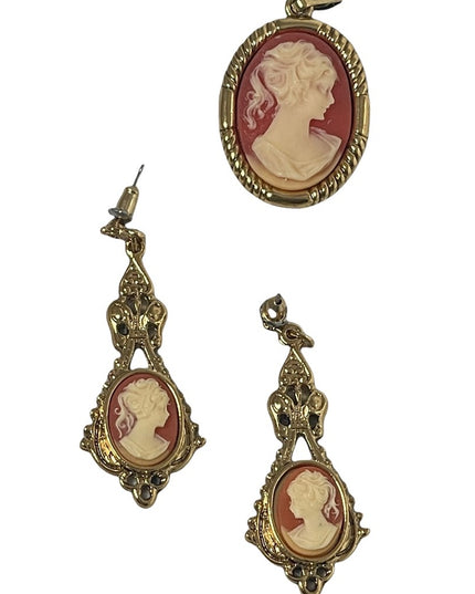 Cameo set  Dangle earrings pendant gold finish