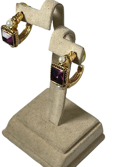 Amethyst Purple crystal dangle faux pearl gold finish fancy earrings