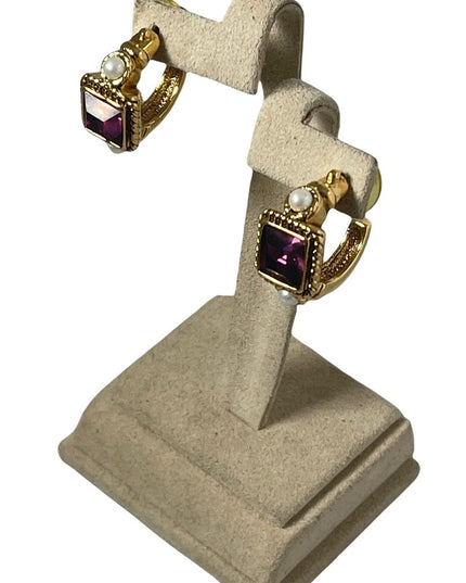 Amethyst Purple crystal dangle faux pearl gold finish fancy earrings