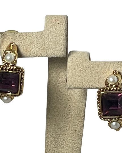 Amethyst Purple crystal dangle faux pearl gold finish fancy earrings