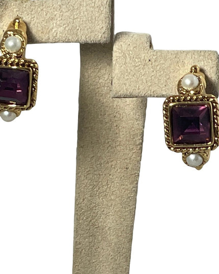 Amethyst Purple crystal dangle faux pearl gold finish fancy earrings