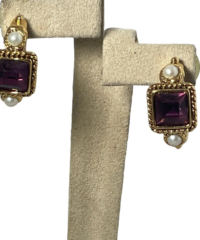 Amethyst Purple crystal dangle faux pearl gold finish fancy earrings