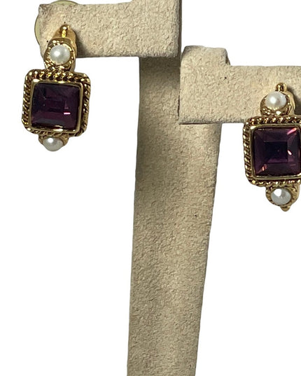 Amethyst Purple crystal dangle faux pearl gold finish fancy earrings