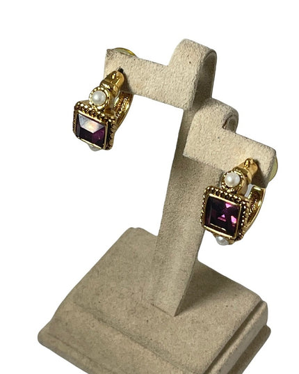 Amethyst Purple crystal dangle faux pearl gold finish fancy earrings