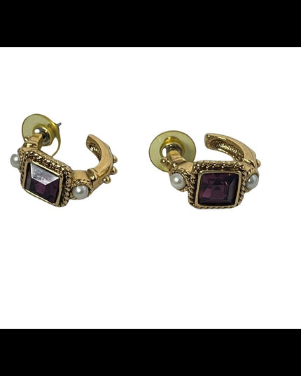 Amethyst Purple crystal dangle faux pearl gold finish fancy earrings