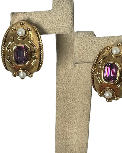 1980s Gold finish couture chunky amethyst purple crystal pearl dangle earrings