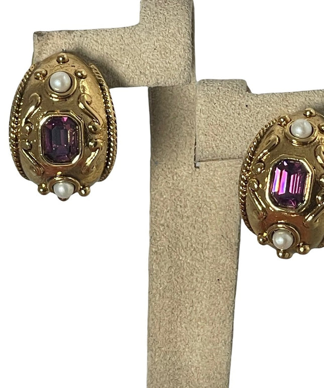 1980s Gold finish couture chunky amethyst purple crystal pearl dangle earrings