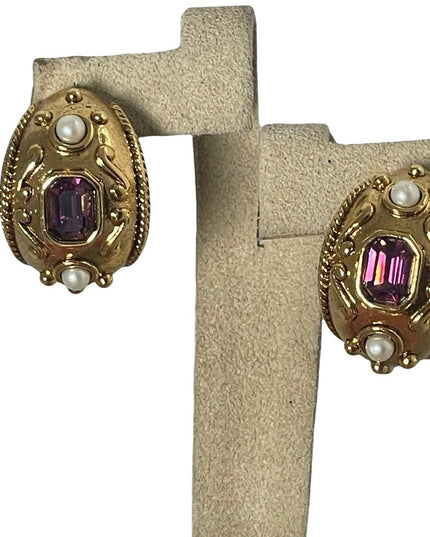 1980s Gold finish couture chunky amethyst purple crystal pearl dangle earrings