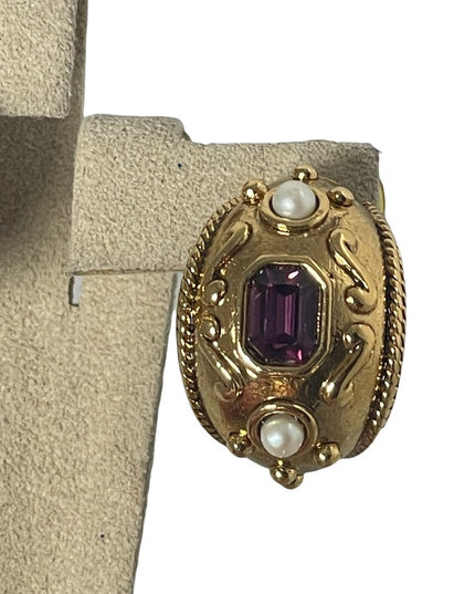 1980s Gold finish couture chunky amethyst purple crystal pearl dangle earrings