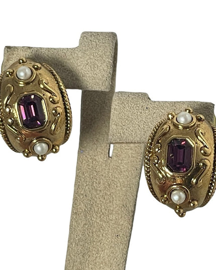 1980s Gold finish couture chunky amethyst purple crystal pearl dangle earrings