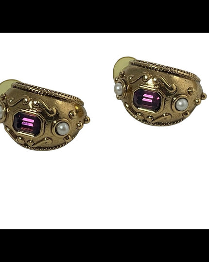 1980s Gold finish couture chunky amethyst purple crystal pearl dangle earrings